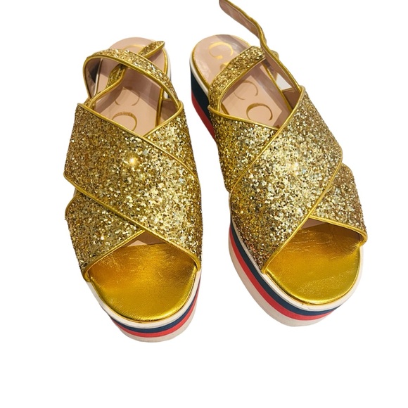 GUCCI Peggy Platform Sandals Gold Glitter. Size 37 - Picture 5 of 6